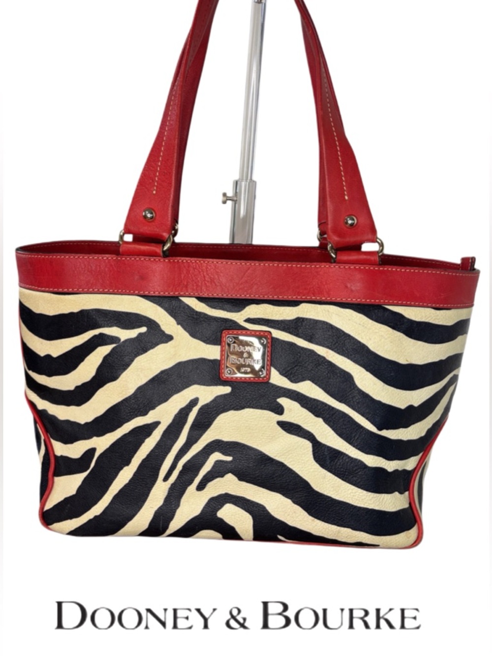 Dooney & Bourke Red Leather Trim Zebra-Print Tote Bag